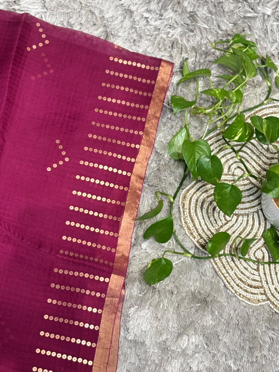 Pure Linen Matka Silk Saree with Chip Weave Temple Motifs