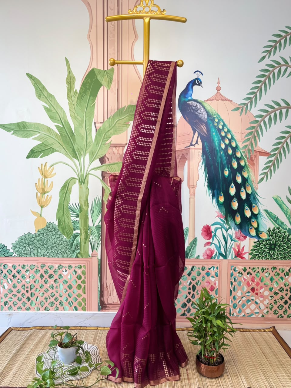 Pure Linen Matka Silk Saree with Chip Weave Temple Motifs