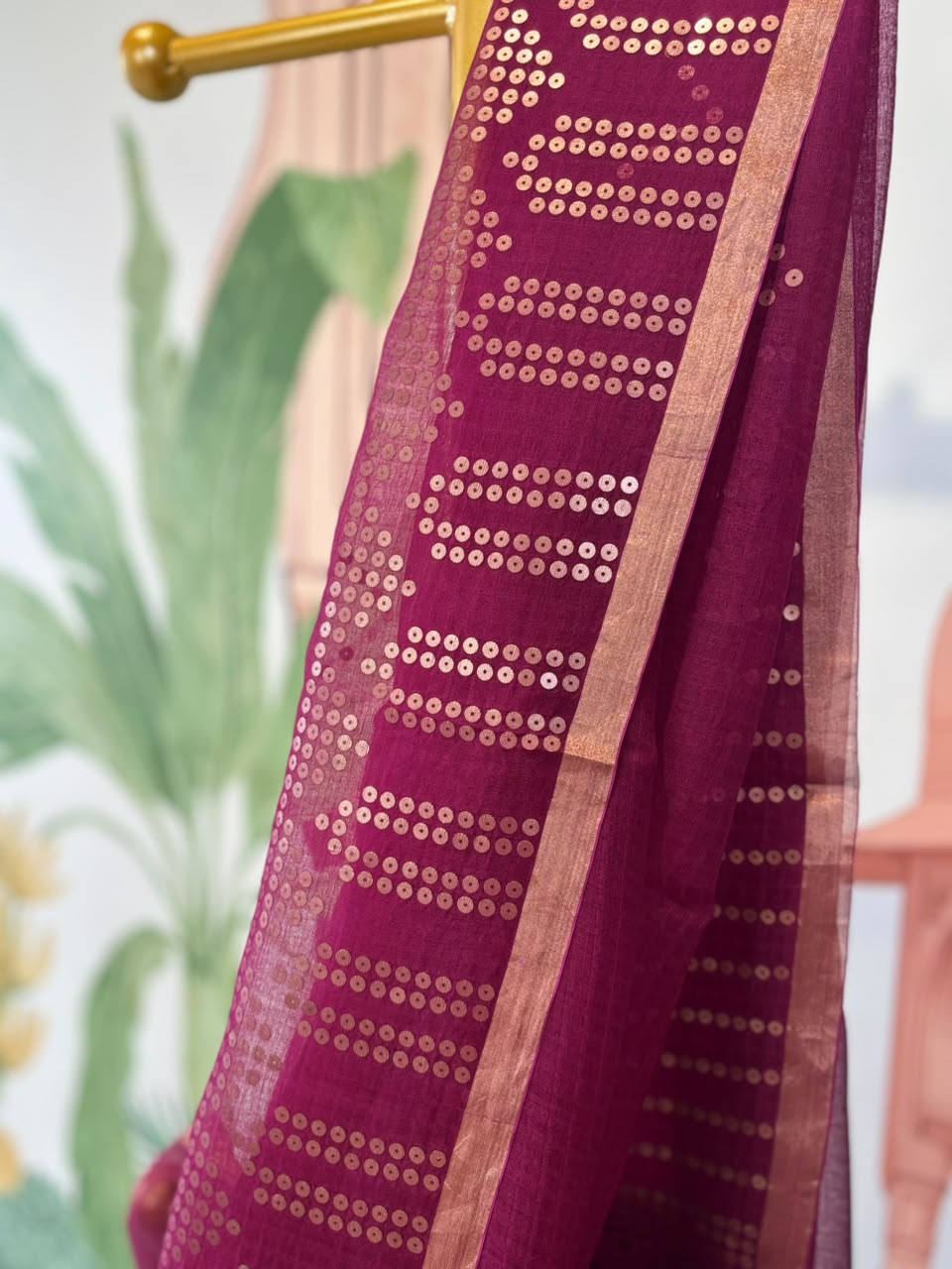 Pure Linen Matka Silk Saree with Chip Weave Temple Motifs