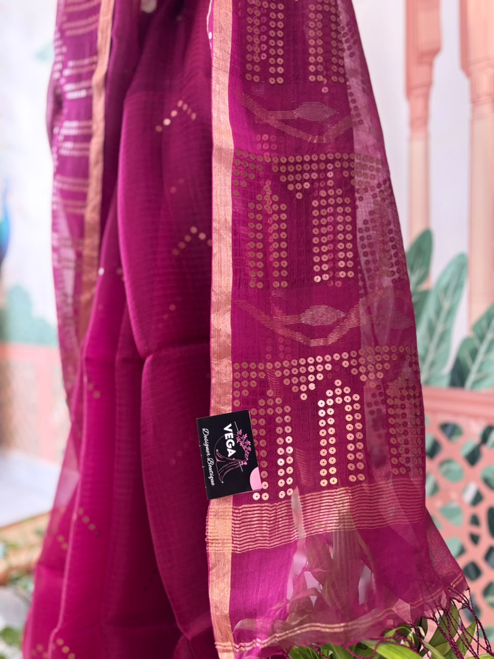 Pure Linen Matka Silk Saree with Chip Weave Temple Motifs
