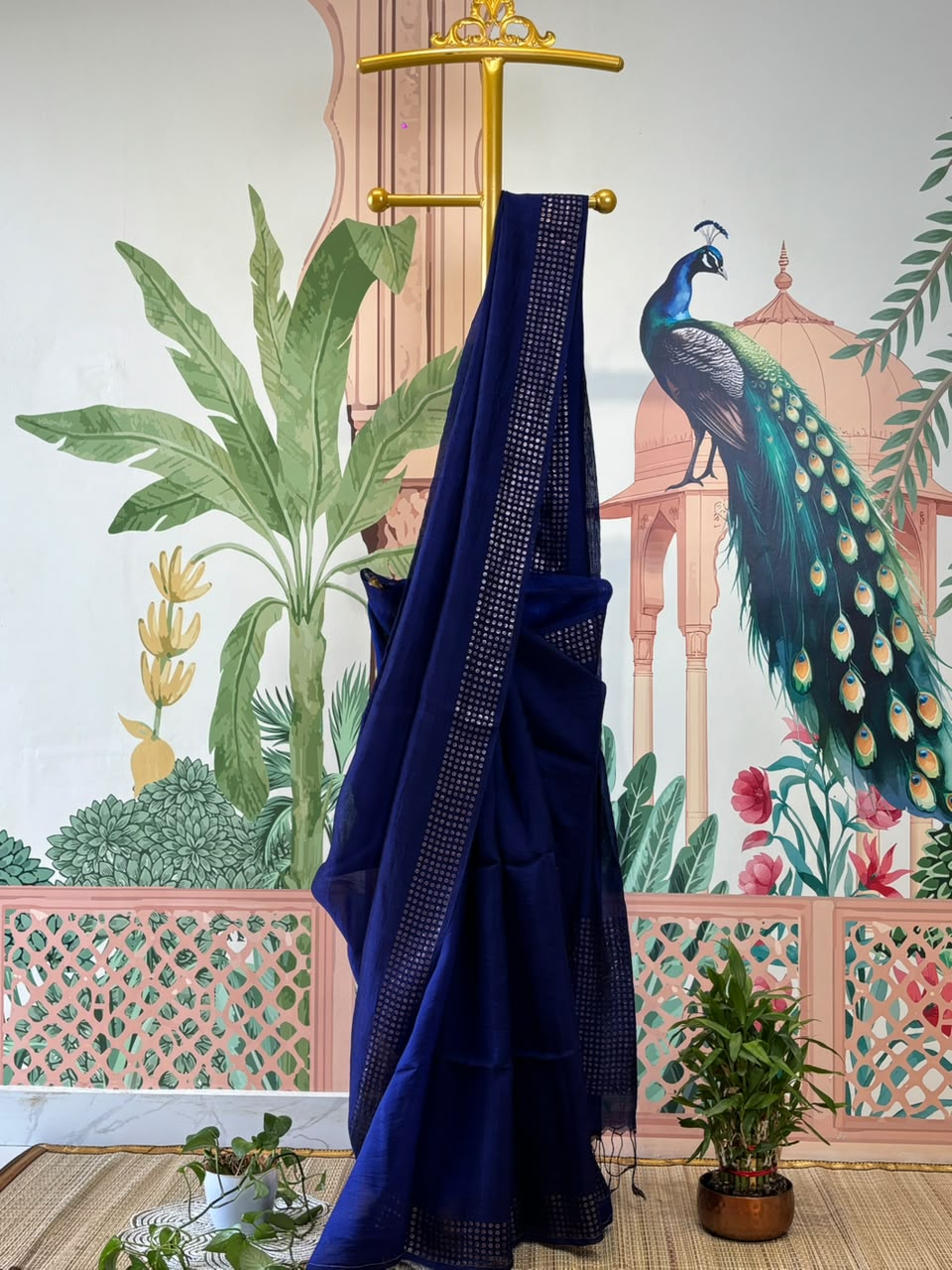 Pure Linen Matka Silk Saree with Chip Weave Border &amp; Grid Pallu