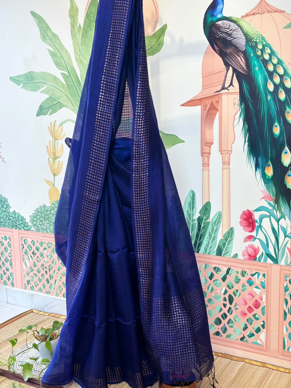 Pure Linen Matka Silk Saree with Chip Weave Border &amp; Grid Pallu