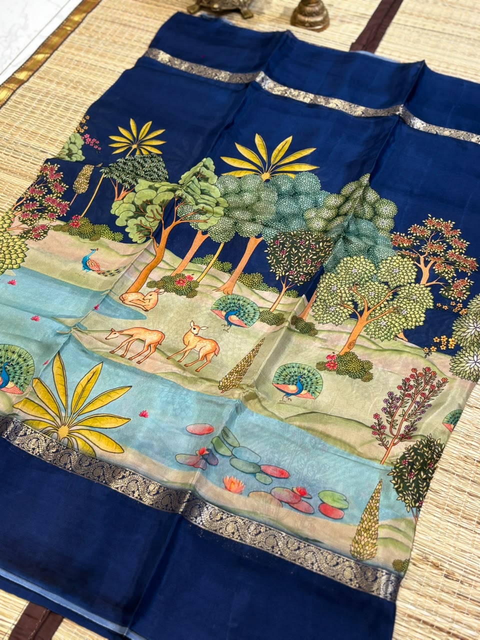 Pure Crepe Silk Saree with Digital Floral &amp; Wildlife Landscape Print &amp; Zari Border