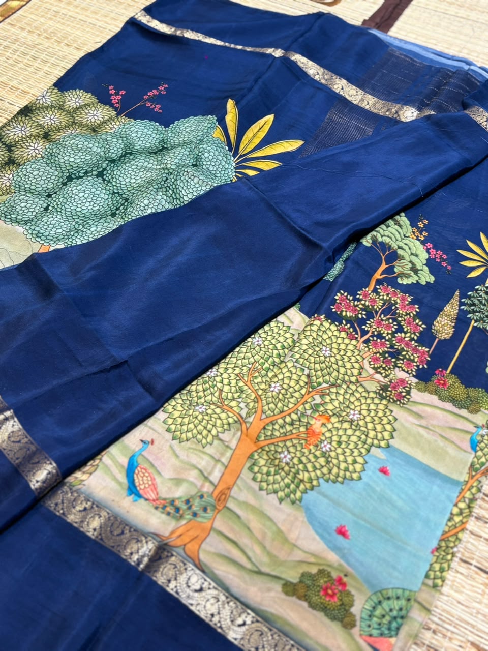 Pure Crepe Silk Saree with Digital Floral &amp; Wildlife Landscape Print &amp; Zari Border