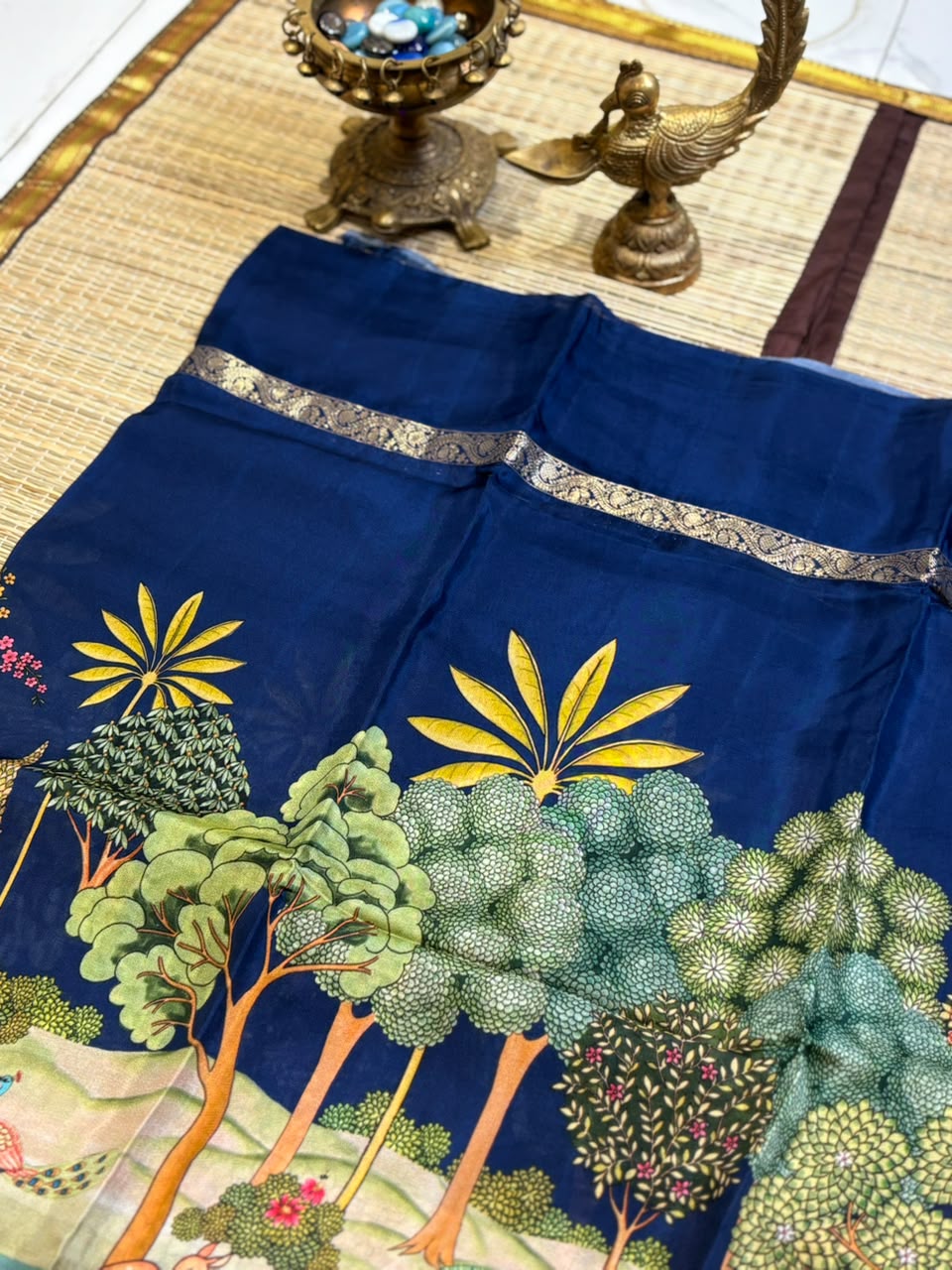 Pure Crepe Silk Saree with Digital Floral &amp; Wildlife Landscape Print &amp; Zari Border