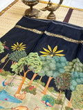 Pure Crepe Silk Saree with Digital Floral &amp; Wildlife Landscape Print &amp; Zari Border