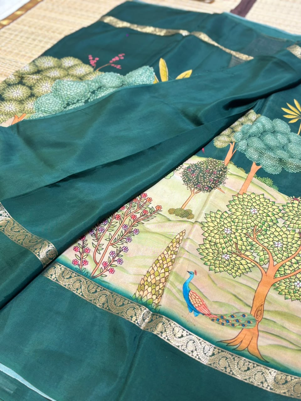 Pure Crepe Silk Saree with Digital Floral &amp; Wildlife Landscape Print &amp; Zari Border