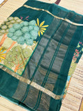 Pure Crepe Silk Saree with Digital Floral &amp; Wildlife Landscape Print &amp; Zari Border