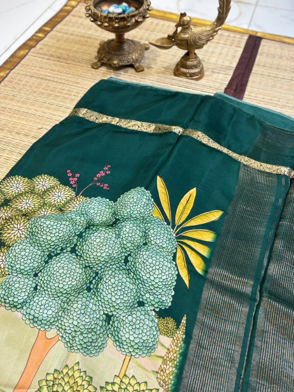 Pure Crepe Silk Saree with Digital Floral &amp; Wildlife Landscape Print &amp; Zari Border