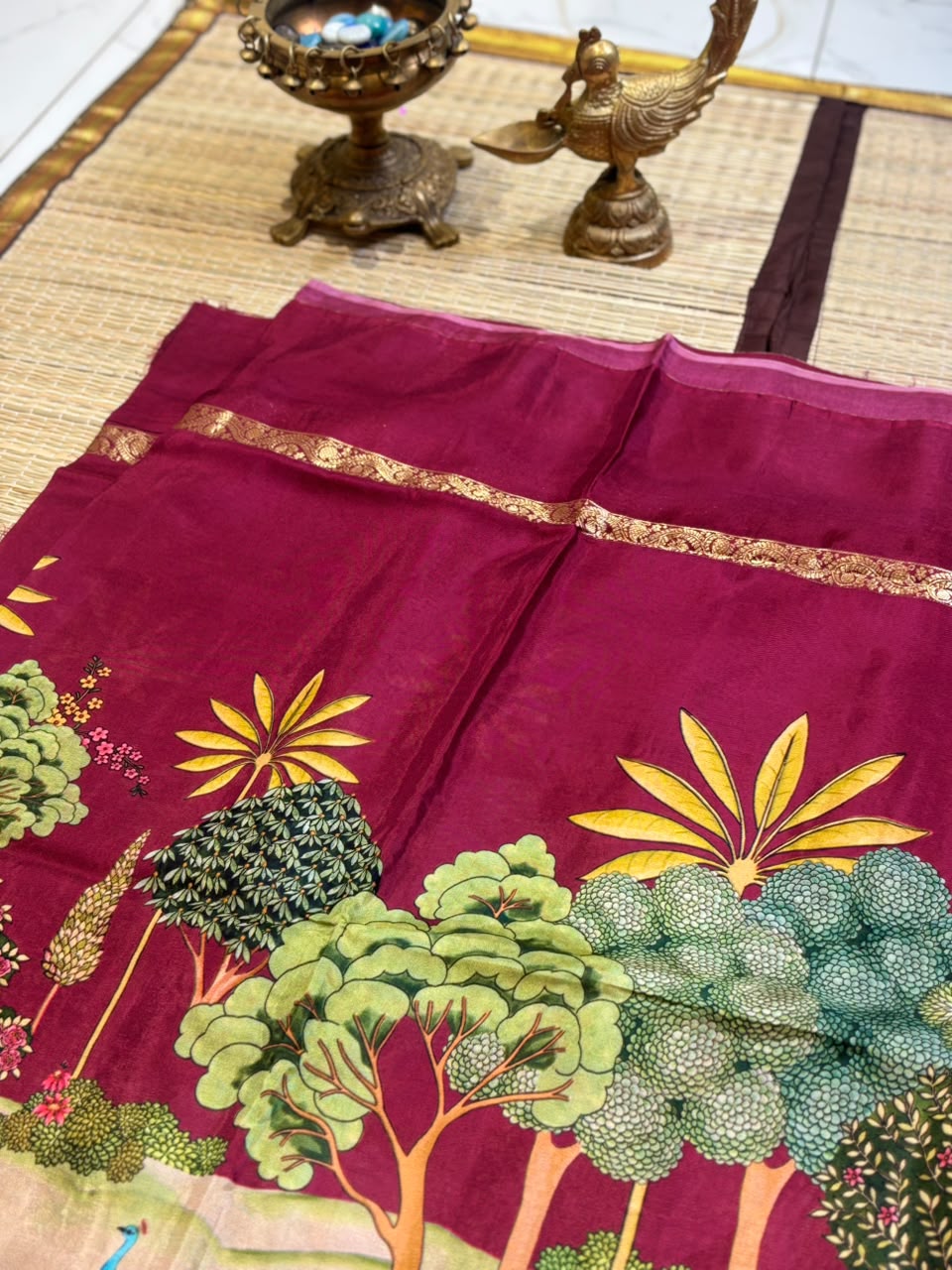 Pure Crepe Silk Saree with Digital Floral &amp; Wildlife Landscape Print &amp; Zari Border