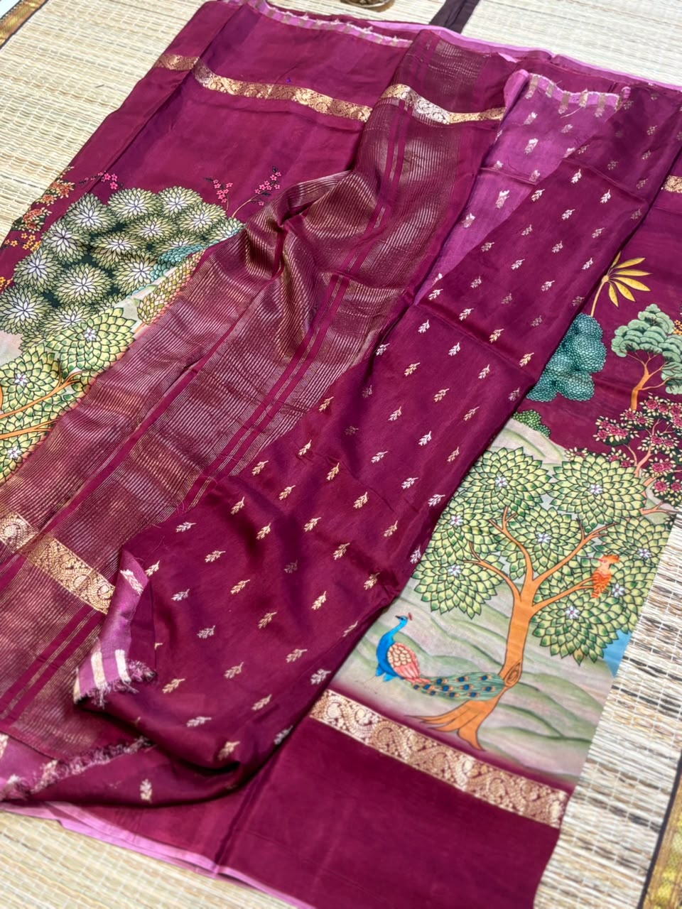 Pure Crepe Silk Saree with Digital Floral &amp; Wildlife Landscape Print &amp; Zari Border