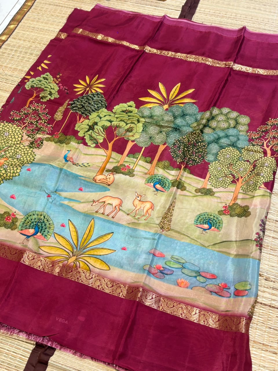 Pure Crepe Silk Saree with Digital Floral &amp; Wildlife Landscape Print &amp; Zari Border