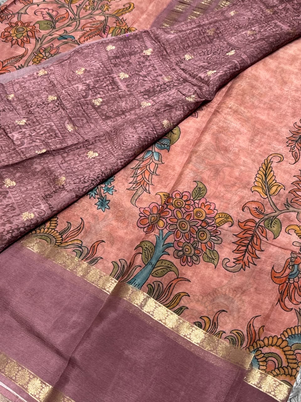 Pure Silk Saree with Kalamkari Digital Floral Print &amp; Zari Border