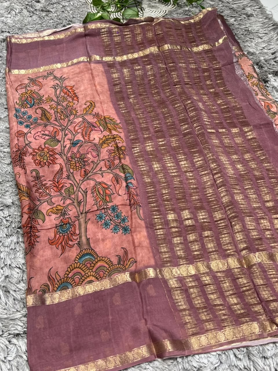 Pure Silk Saree with Kalamkari Digital Floral Print &amp; Zari Border