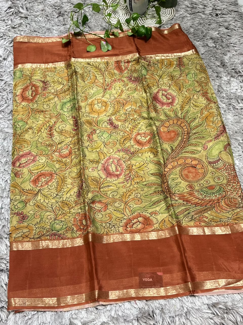 Pure Silk Saree with Kalamkari Digital Floral Print &amp; Zari Border