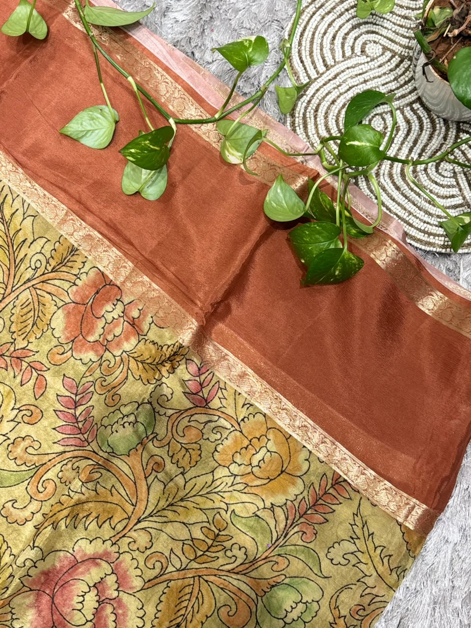 Pure Silk Saree with Kalamkari Digital Floral Print &amp; Zari Border