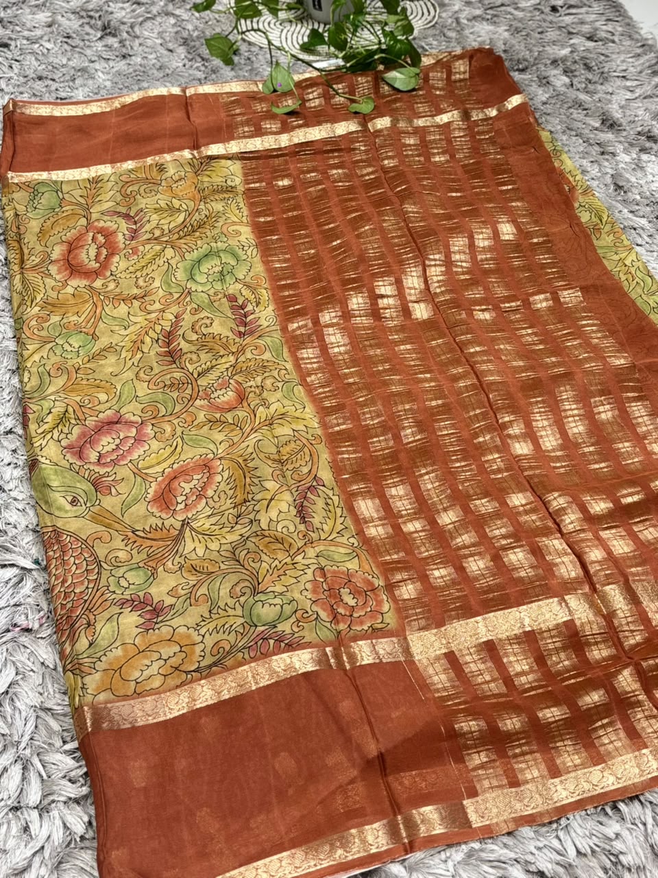 Pure Silk Saree with Kalamkari Digital Floral Print &amp; Zari Border