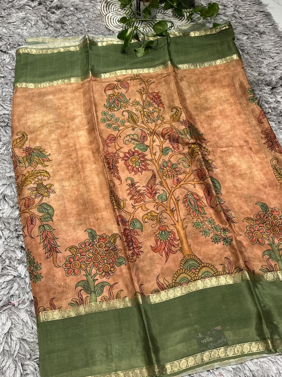 Pure Silk Saree with Kalamkari Tree of Life Print &amp; Zari Border