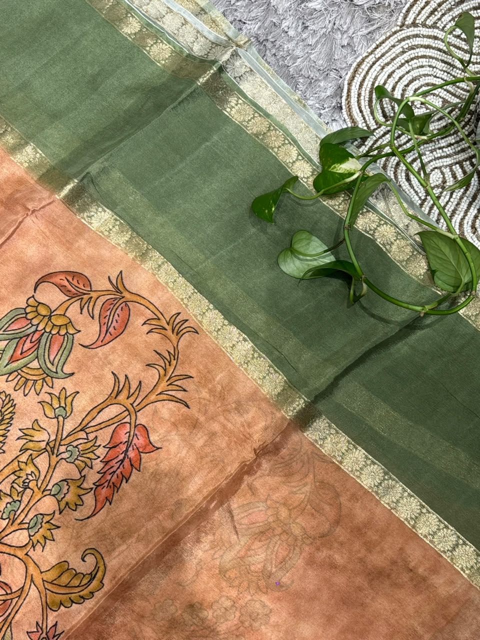 Pure Silk Saree with Kalamkari Tree of Life Print &amp; Zari Border