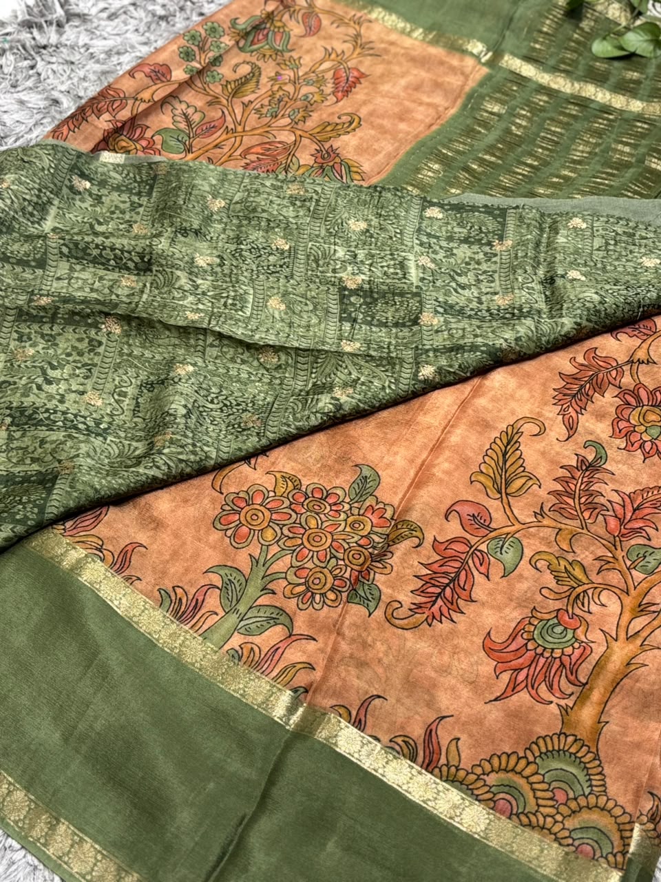 Pure Silk Saree with Kalamkari Tree of Life Print &amp; Zari Border