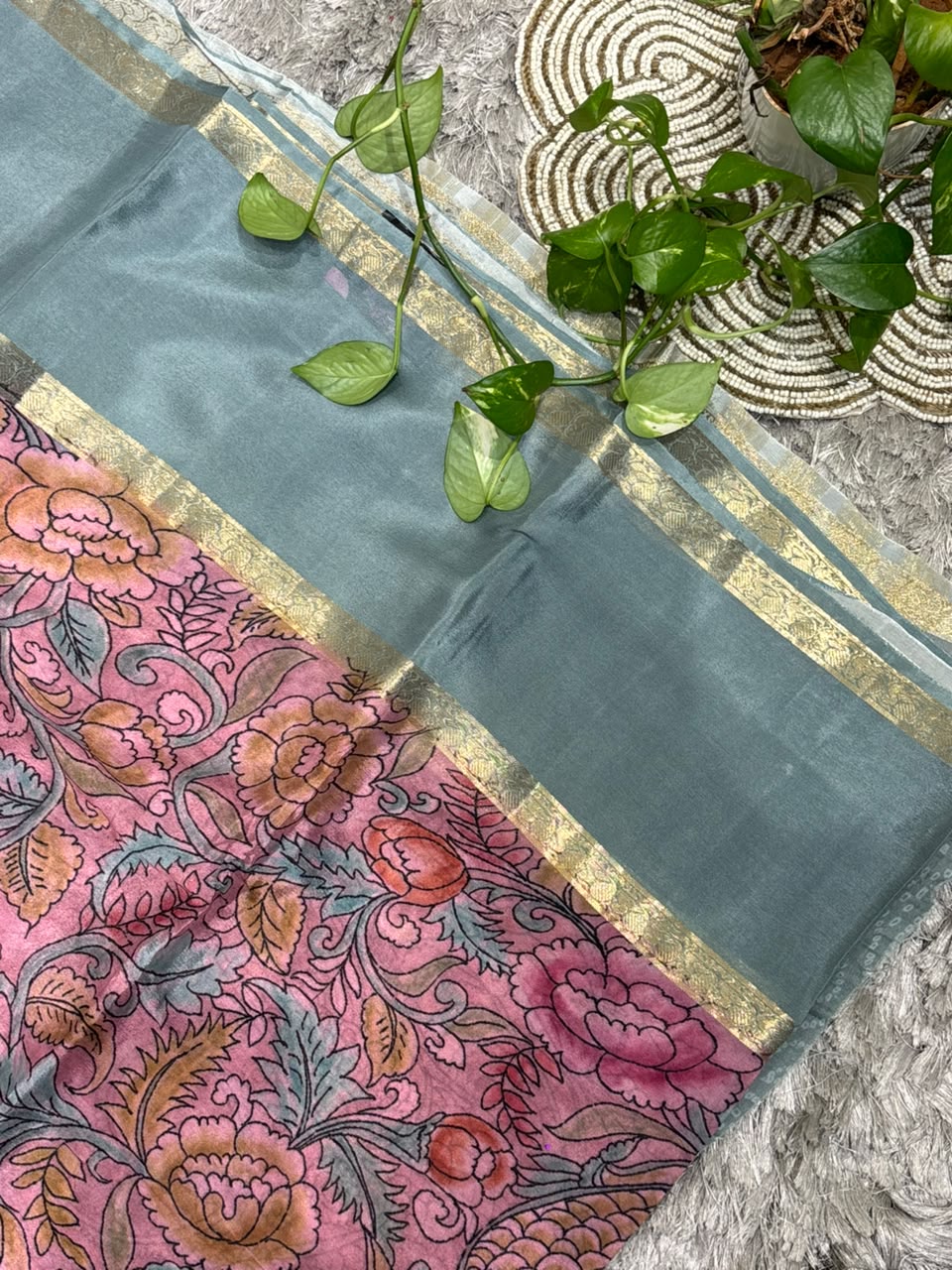 Pure Silk Saree with Kalamkari Tree of Life Print &amp; Zari Border