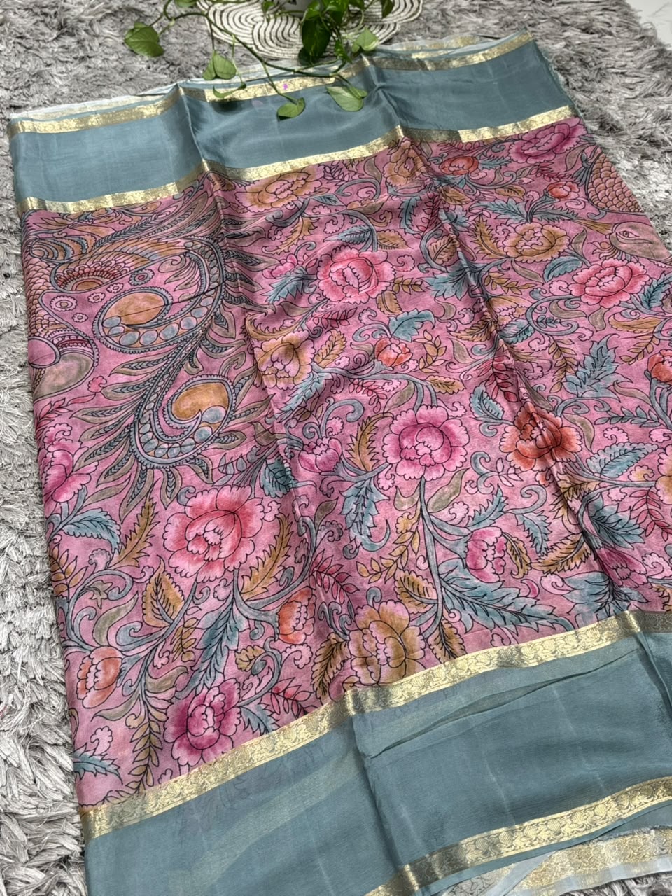 Pure Silk Saree with Kalamkari Tree of Life Print &amp; Zari Border