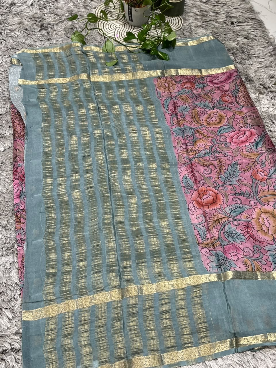 Pure Silk Saree with Kalamkari Tree of Life Print &amp; Zari Border