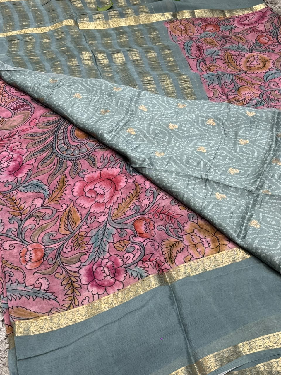 Pure Silk Saree with Kalamkari Tree of Life Print &amp; Zari Border