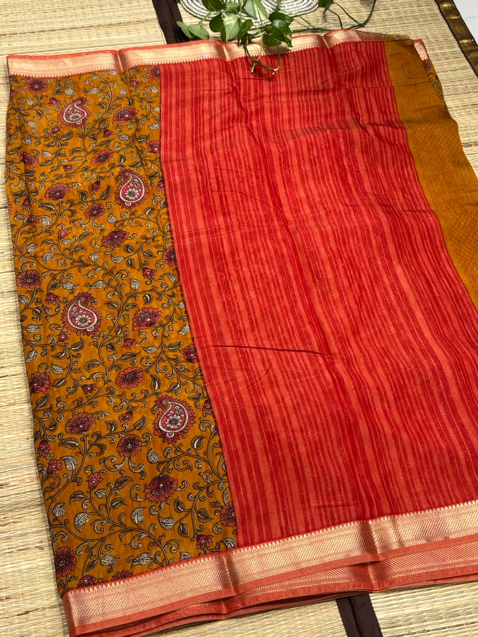 Dola Silk Saree with All-Over Kalamkari Floral &amp; Paisley Print &amp; Zari Border