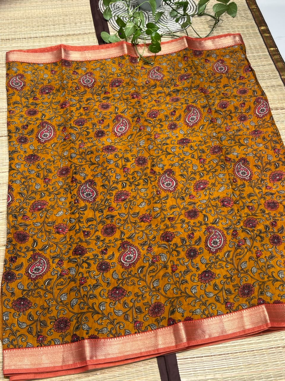 Dola Silk Saree with All-Over Kalamkari Floral &amp; Paisley Print &amp; Zari Border