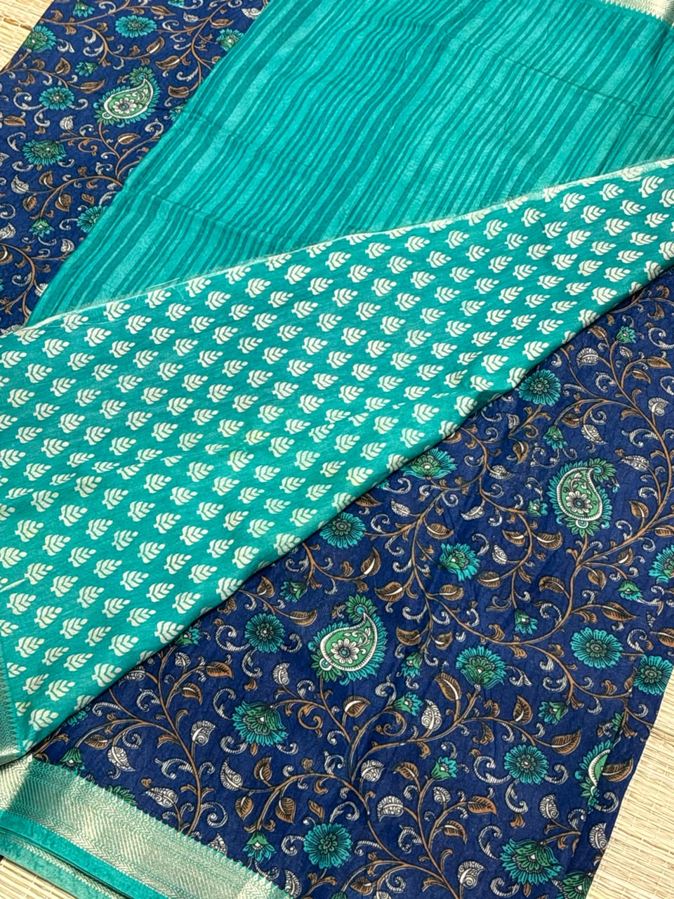 Dola Silk Saree with All-Over Kalamkari Floral &amp; Paisley Print &amp; Zari Border