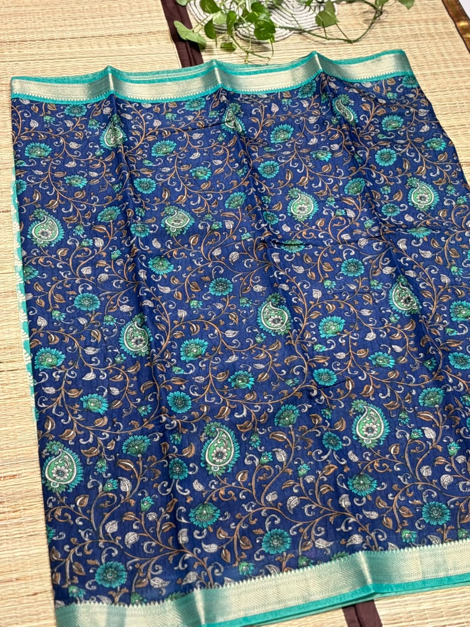 Dola Silk Saree with All-Over Kalamkari Floral &amp; Paisley Print &amp; Zari Border
