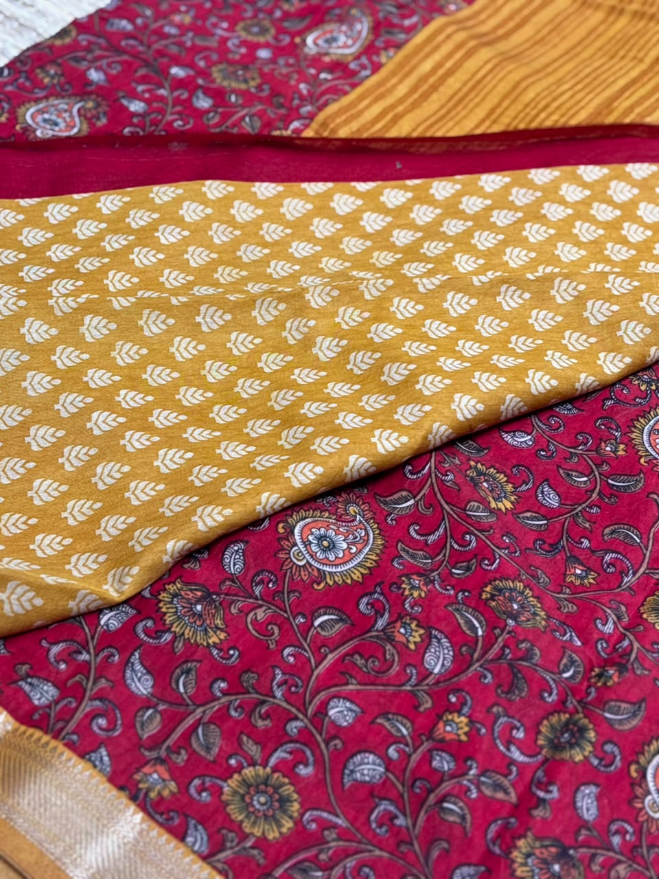 Dola Silk Saree with All-Over Kalamkari Floral &amp; Paisley Print &amp; Zari Border