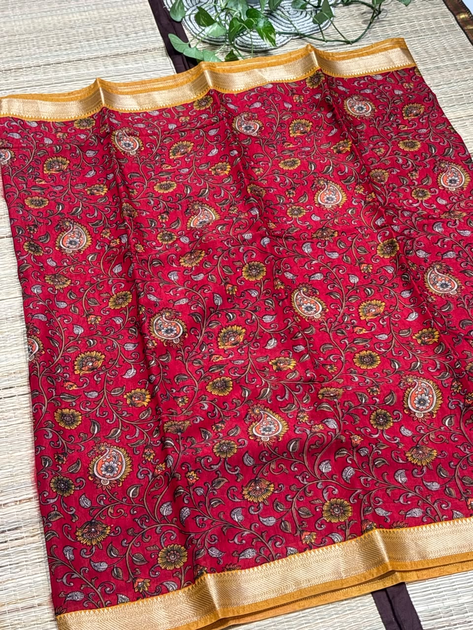 Dola Silk Saree with All-Over Kalamkari Floral &amp; Paisley Print &amp; Zari Border