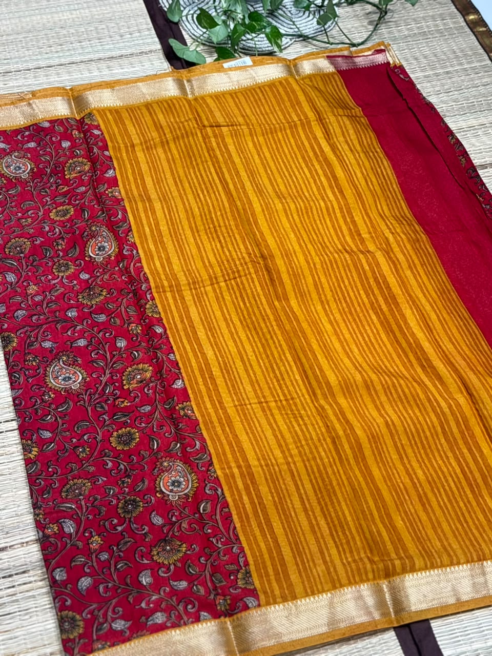 Dola Silk Saree with All-Over Kalamkari Floral &amp; Paisley Print &amp; Zari Border