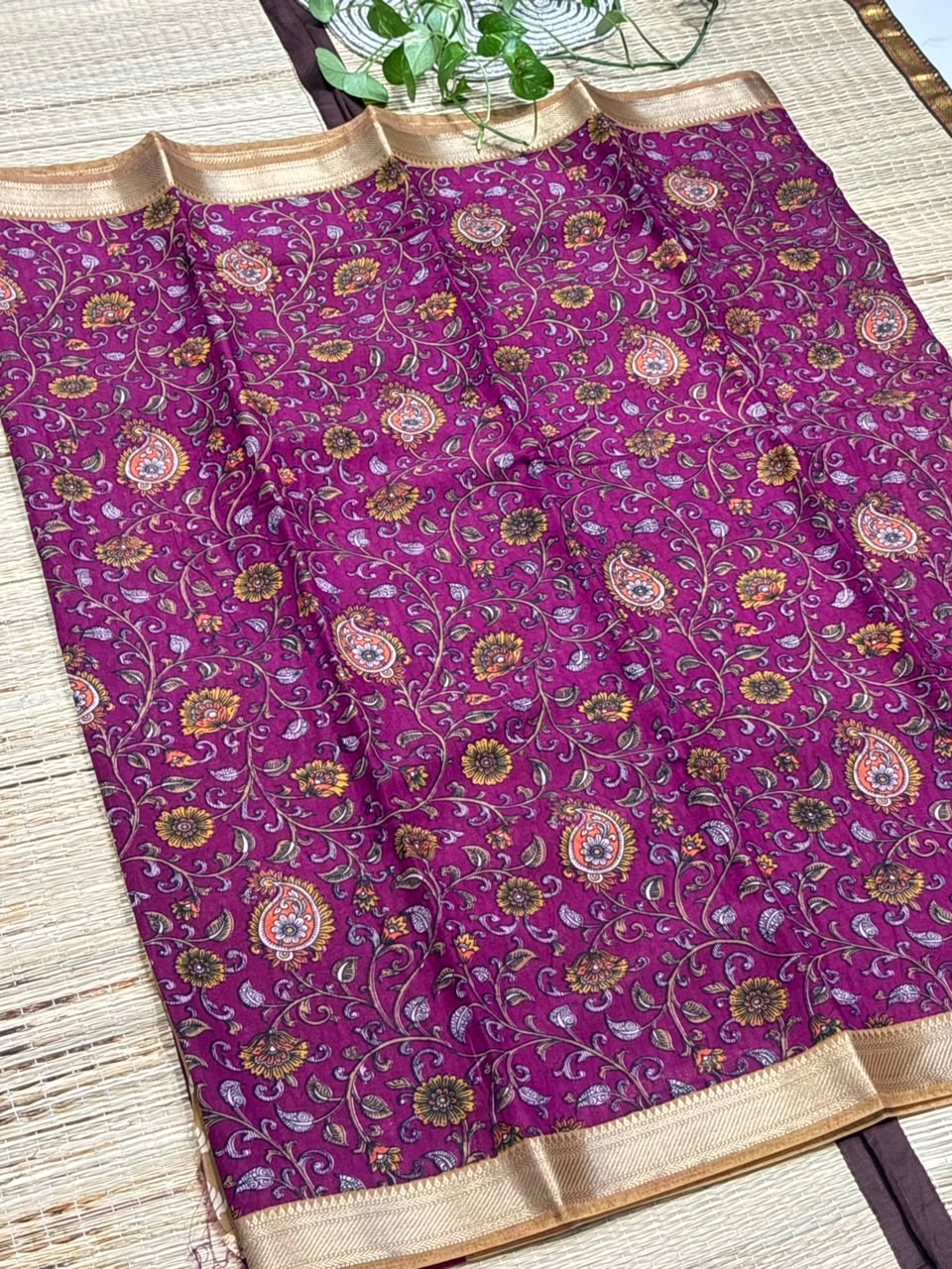 Dola Silk Saree with All-Over Kalamkari Floral &amp; Paisley Print &amp; Zari Border