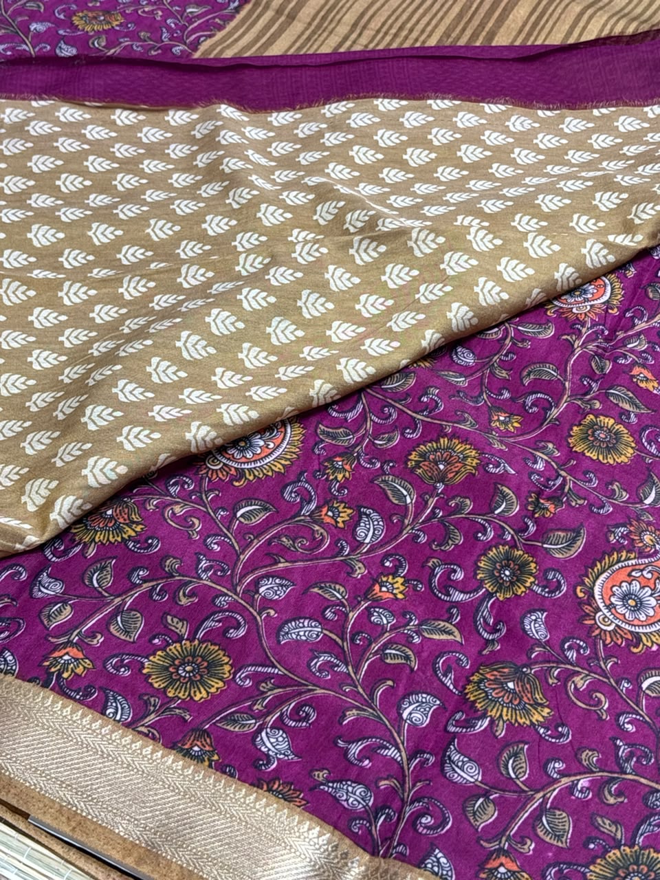 Dola Silk Saree with All-Over Kalamkari Floral &amp; Paisley Print &amp; Zari Border