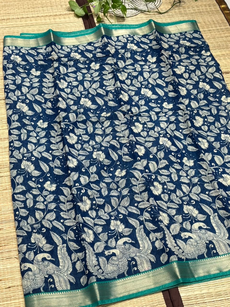 Dola Silk Saree with Kalamkari Peacock &amp; Foliage Print &amp; Zari Border