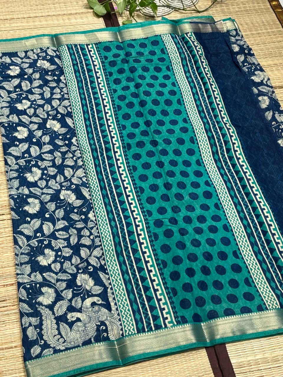 Dola Silk Saree with Kalamkari Peacock &amp; Foliage Print &amp; Zari Border