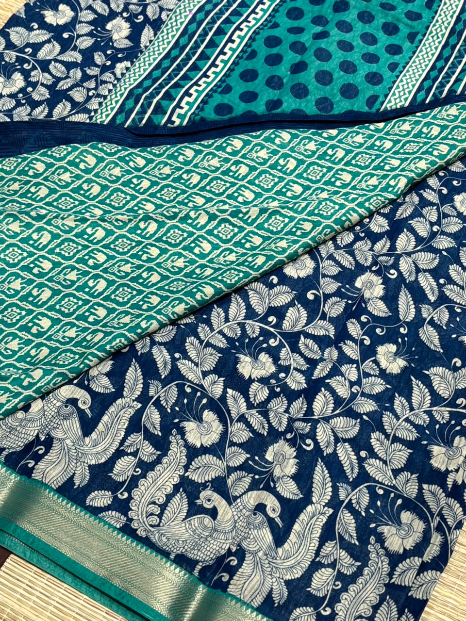 Dola Silk Saree with Kalamkari Peacock &amp; Foliage Print &amp; Zari Border