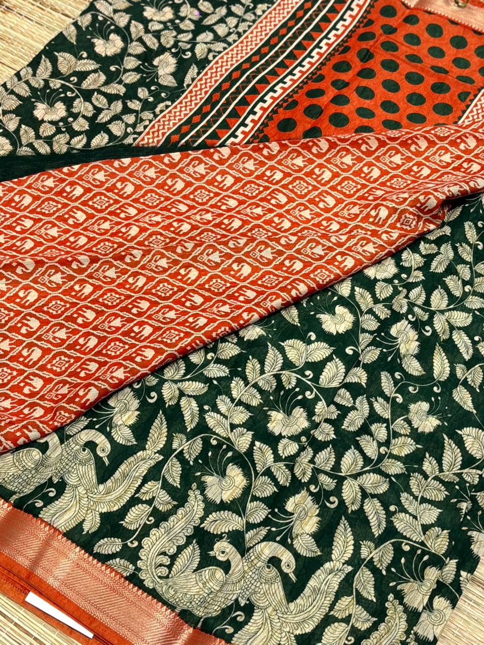 Dola Silk Saree with Kalamkari Peacock &amp; Foliage Print &amp; Zari Border