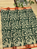 Dola Silk Saree with Kalamkari Peacock &amp; Foliage Print &amp; Zari Border