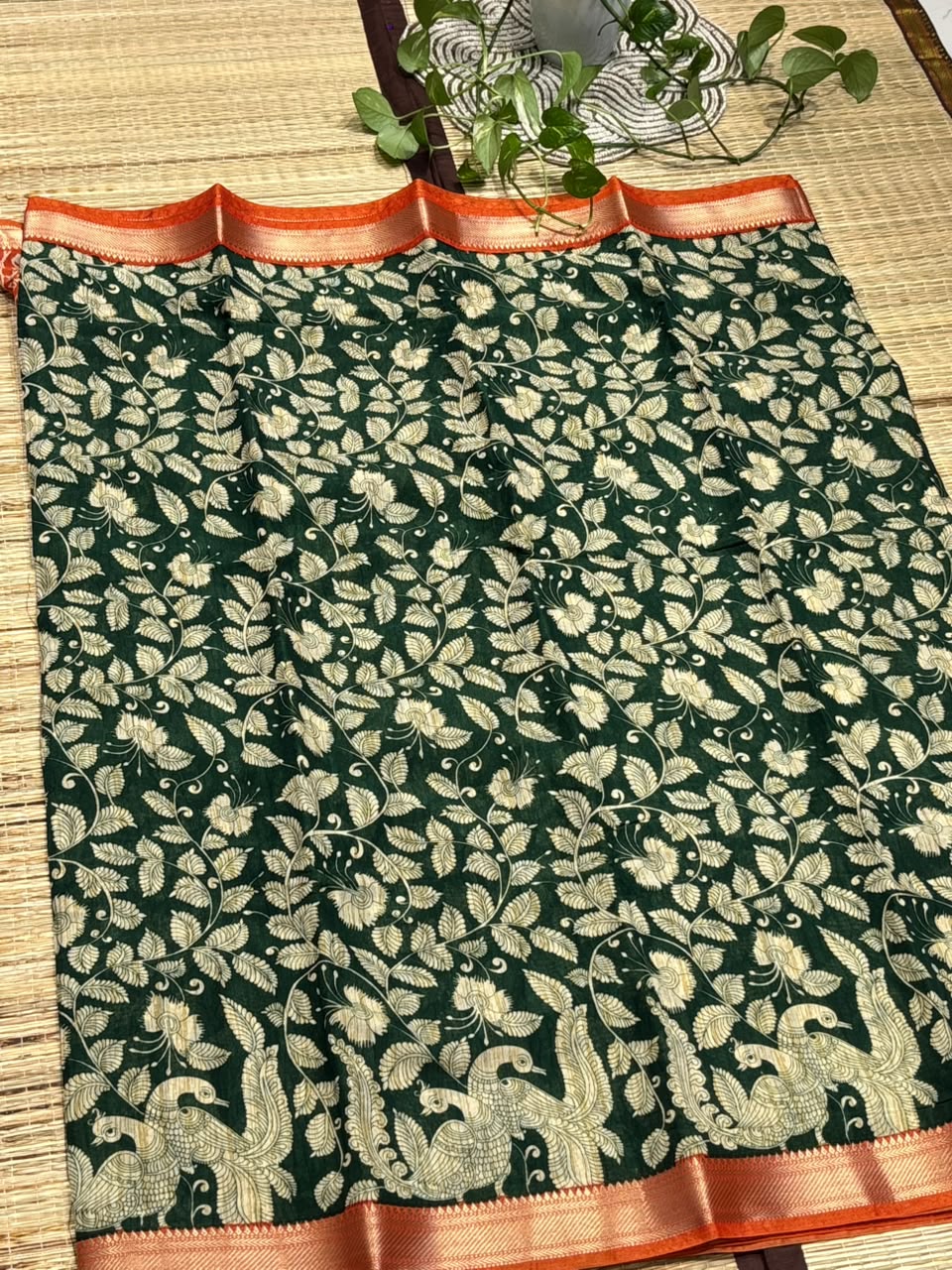 Dola Silk Saree with Kalamkari Peacock &amp; Foliage Print &amp; Zari Border