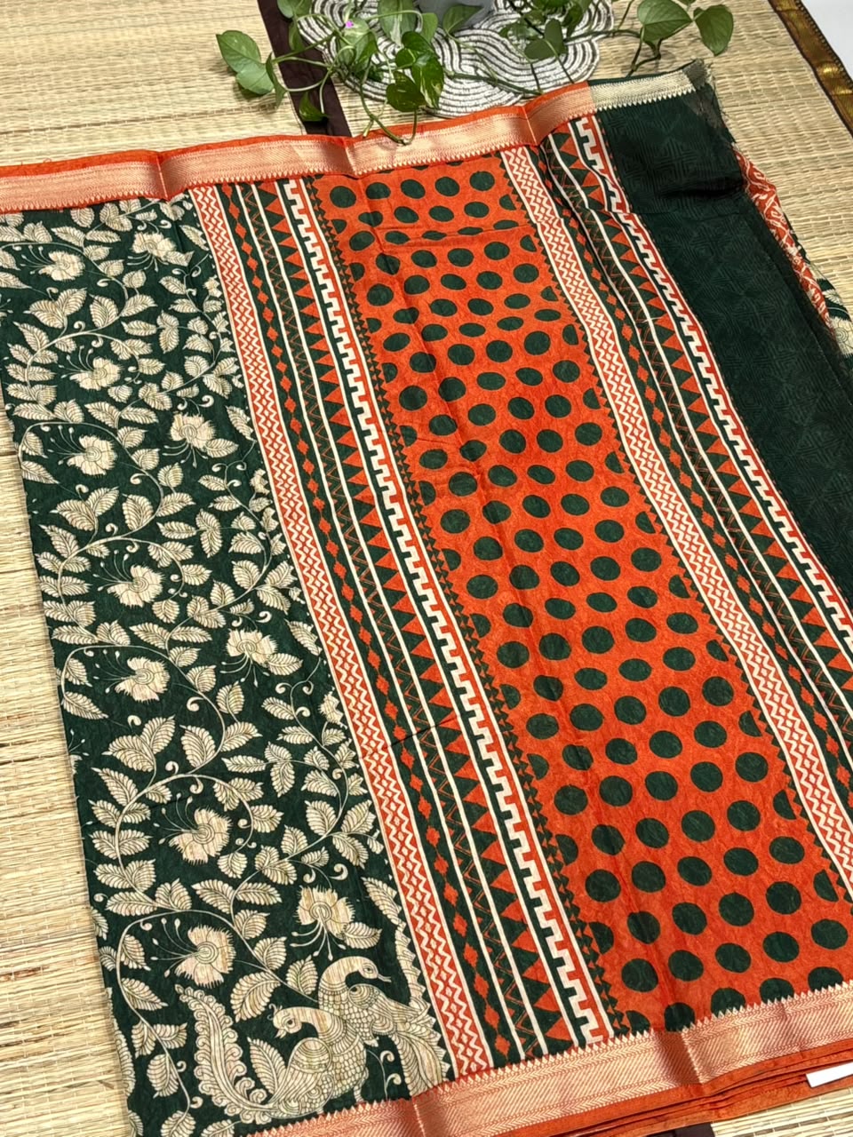 Dola Silk Saree with Kalamkari Peacock &amp; Foliage Print &amp; Zari Border