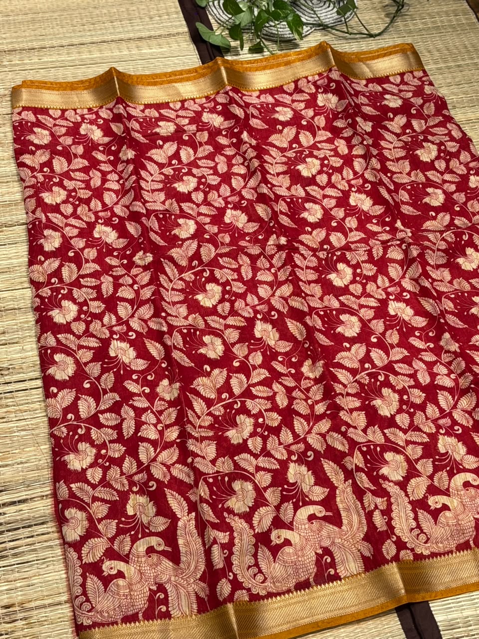 Dola Silk Saree with Kalamkari Peacock &amp; Foliage Print &amp; Zari Border