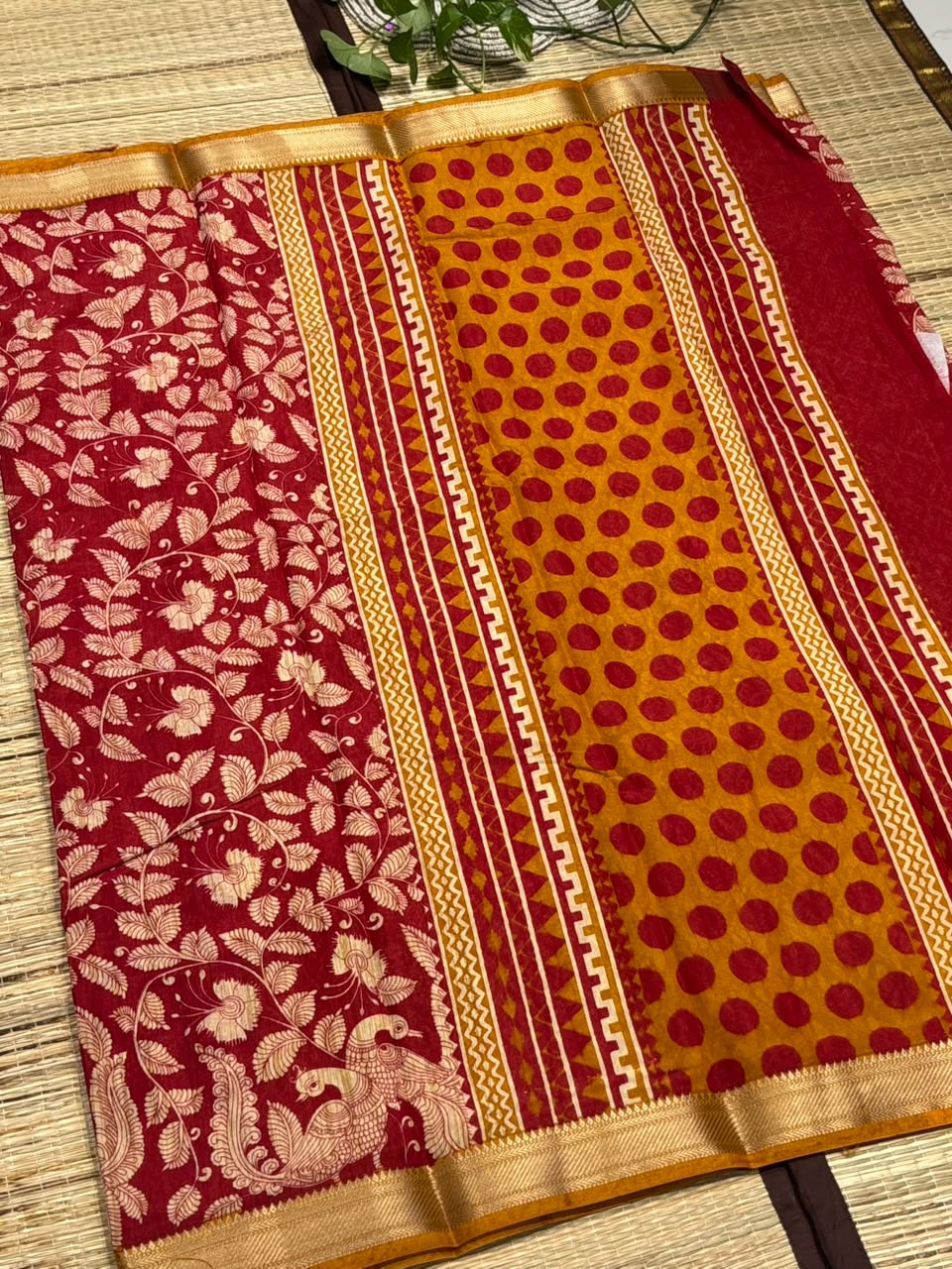 Dola Silk Saree with Kalamkari Peacock &amp; Foliage Print &amp; Zari Border