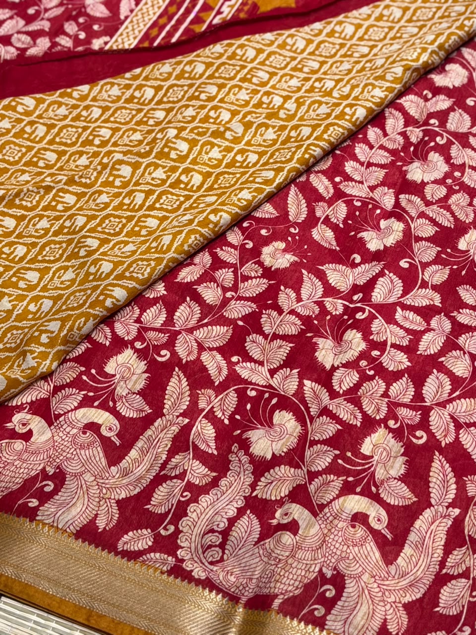 Dola Silk Saree with Kalamkari Peacock &amp; Foliage Print &amp; Zari Border