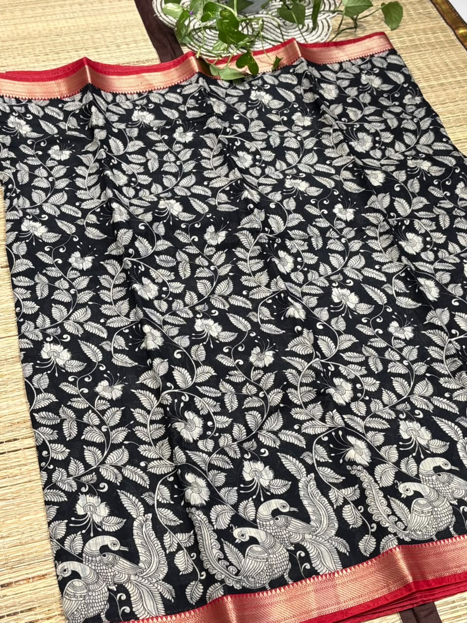 Dola Silk Saree with Kalamkari Peacock &amp; Foliage Print &amp; Zari Border