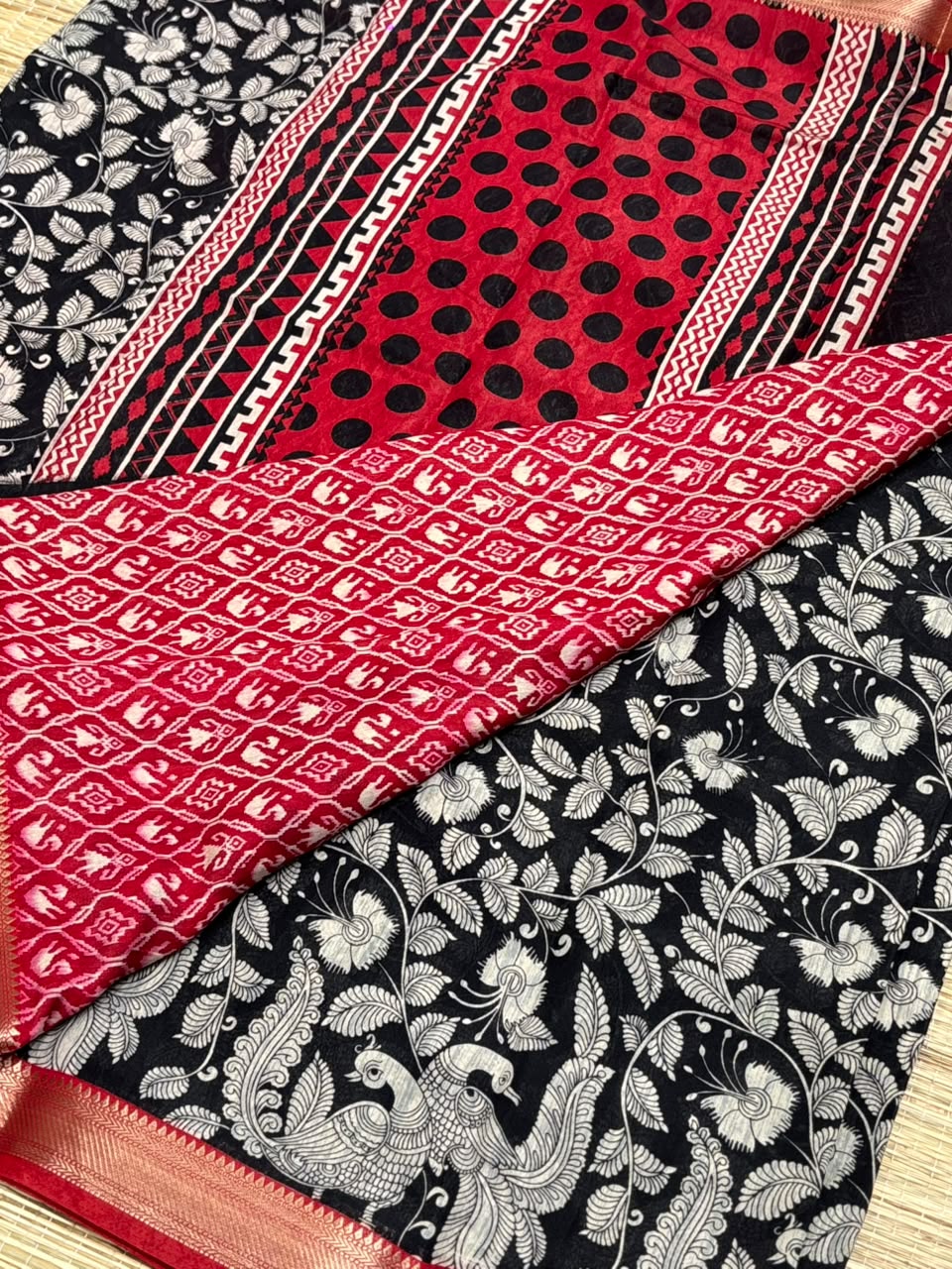 Dola Silk Saree with Kalamkari Peacock &amp; Foliage Print &amp; Zari Border