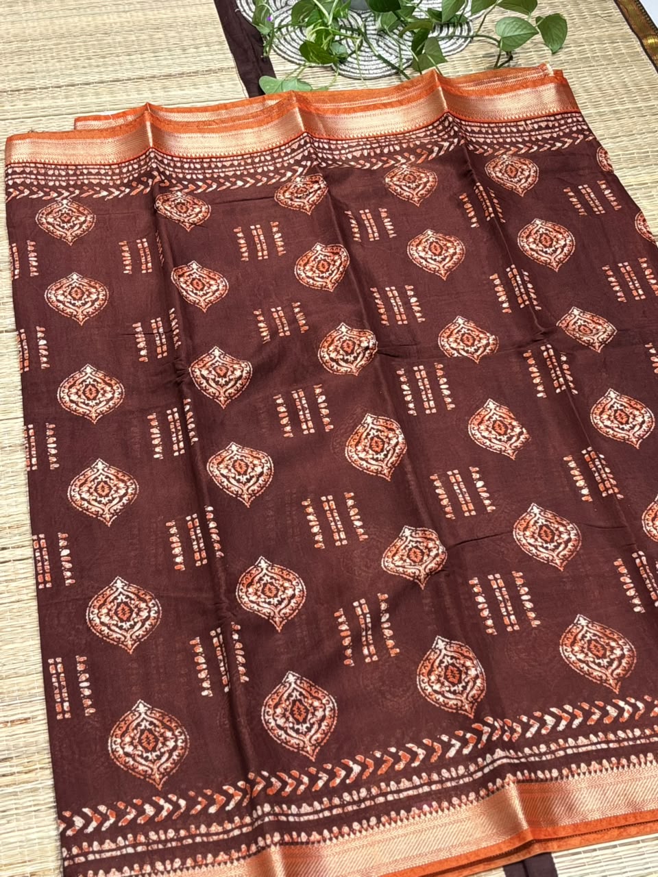 Dola Silk Saree with Geometric Batik &amp; Diamond Motif Print &amp; Zari Border
